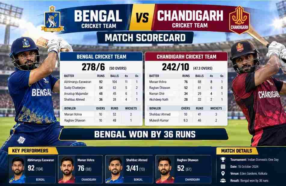 Bengal Cricket Team vs Chandigarh Cricket Team Match Scorecard